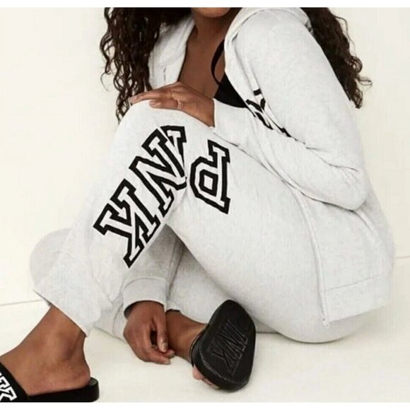 PINK Victoria's Secret Pants - Victoria's Secret PINK Fleece Drawstring Logo Skinny Jogger Light Gray Sze L NWT